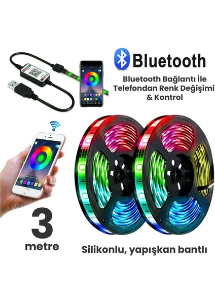 3 Metre Bluetoothlu Müziğe Duyarlı Su Geçirmez Kesilebilir Silikonlu Kumandalı USB Rgb Şerit LED