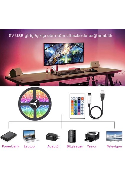 3 Metre Bluetoothlu Müziğe Duyarlı Su Geçirmez Kesilebilir Silikonlu Kumandalı USB Rgb Şerit LED