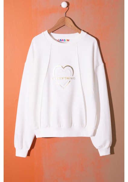 Ekru Kalp Kabartmalı Bisiklet Yaka Kız Çocuk Sweatshirt 19660