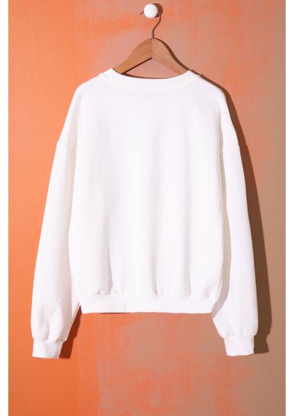 Ekru Kalp Kabartmalı Bisiklet Yaka Kız Çocuk Sweatshirt 19660 modelleri