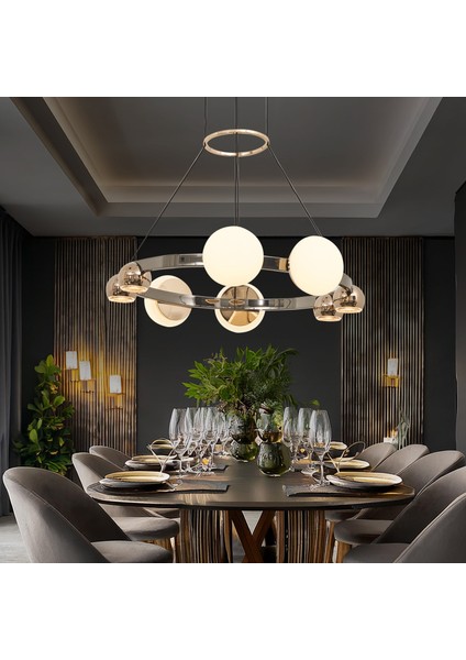 Dilay 8'li Siyah Gold Yuvarlak 80 Watt Modern, Kafe Restoran, Salon LED Sarkıt Avize