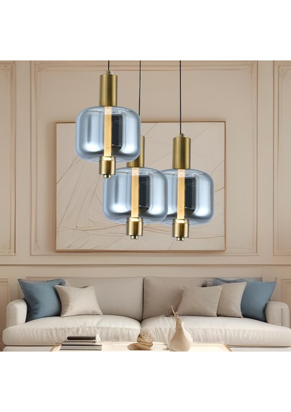 Mary Siyah 3'lü Yuvarlak Füme Camlı 7 Watt Modern Salon LED Sarkıt Avize