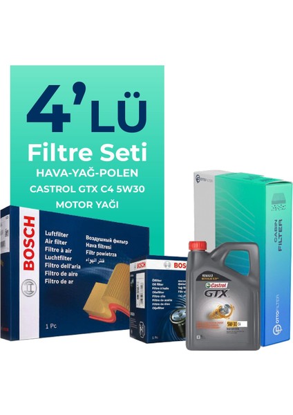 Renault Megane 1.3 Benzin TCe Filtre Bakım Seti Castrol Motor Yağlı (2019-2024) 4 Lü