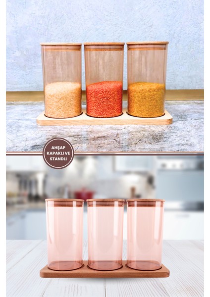 Ahşap Kapaklı 3'lü Standlı ve Vakumlu Çay, Kahve, Şeker, Bakliyat Kavanoz Seti Mika 1 Lt Pembe fiyatları