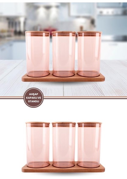 Ahşap Kapaklı 3'lü Standlı ve Vakumlu Çay, Kahve, Şeker, Bakliyat Kavanoz Seti Mika 1 Lt Pembe modelleri