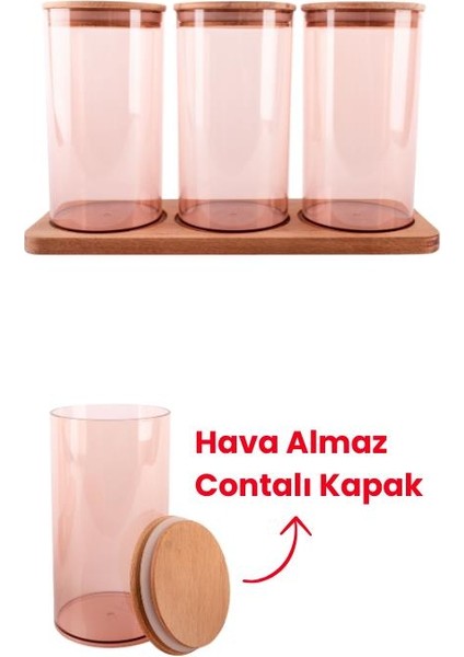 Ahşap Kapaklı 3'lü Standlı ve Vakumlu Çay, Kahve, Şeker, Bakliyat Kavanoz Seti Mika 1 Lt Pembe indirimleri