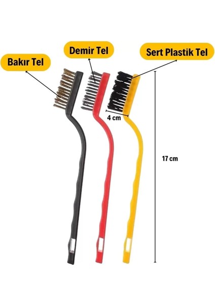 3 Lü Detaylı Temizlik Bakır,demir ve Sert Plastik Tel Fırça (4434)