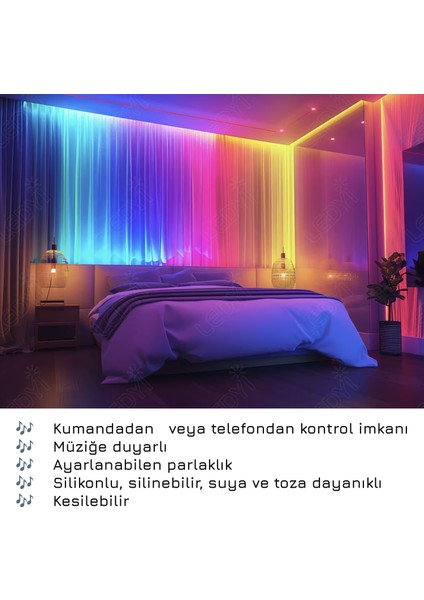 3 Metre Bluetoothlu Müziğe Duyarlı Su Geçirmez Kesilebilir Silikonlu Kumandalı USB Rgb Şerit LED