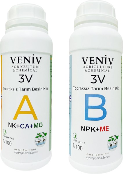 Veniv Agriculture 3V Topraksız Tarım Besin Seti(A+B) 2l- 100 Litre Konsantre