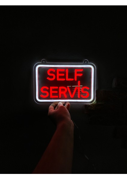 'self Servis' Işıklı Neon LED Dekoratif Duvar Yazısı Tabelası (30X20CM)