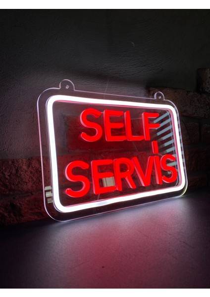 'self Servis' Işıklı Neon LED Dekoratif Duvar Yazısı Tabelası (30X20CM)