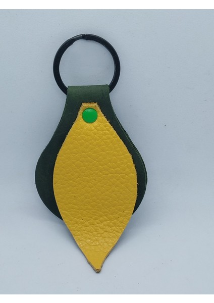 Hakiki Deri Koyu Yeşil El Yapımı Handmade Anahtarlık ve Çanta Süsü / Sarı Yaprak Detaylı