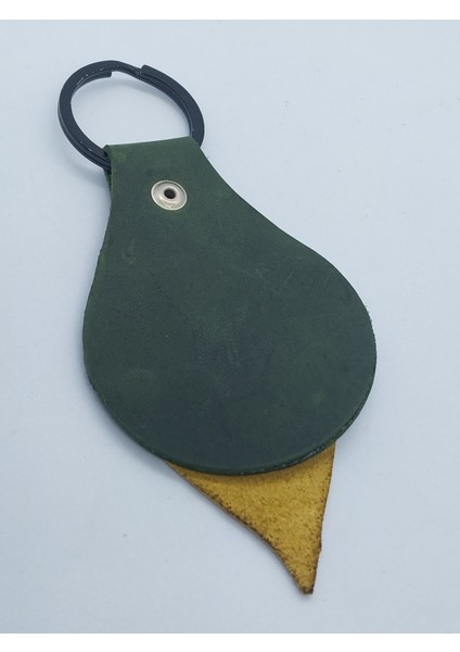 Hakiki Deri Koyu Yeşil El Yapımı Handmade Anahtarlık ve Çanta Süsü / Sarı Yaprak Detaylı