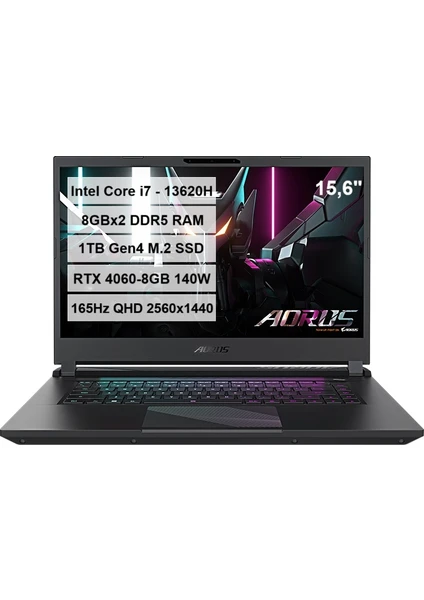 Aorus 15 BKF Intel Core i7-13620H 16GB DDR5 RAM 1TB M.2 SSD RTX4060-8GB 140W 15.6'' QHD 165Hz Freedos