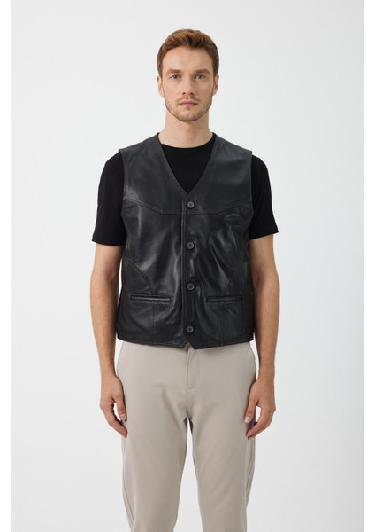 Alcide Siyah Deri Yelek