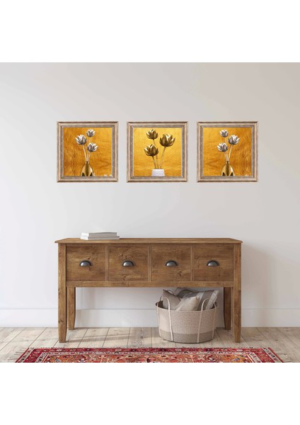 3 Parça Eskitme Çerçeveli Gümüş ve Altın Çiçekler Ahşap Tablo Seti, Ev Dekoru