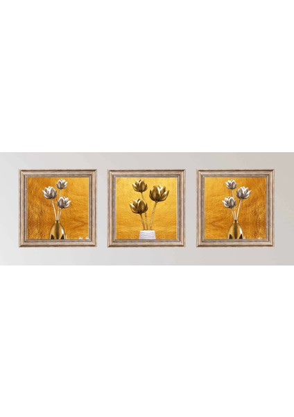 3 Parça Eskitme Çerçeveli Gümüş ve Altın Çiçekler Ahşap Tablo Seti, Ev Dekoru fiyatları
