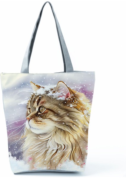 Sevimli Suluboya Kedi Baskı Çanta Büyük Kapasiteli Gündelik Kadın Çanta Güzel Karikatür Alışveriş Çantası Katlanabilir Seyahat Plaj Çantası (Yurt Dışından)