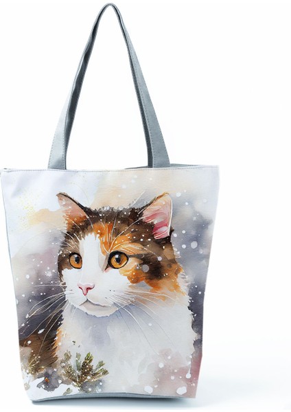 Sevimli Suluboya Kedi Baskı Çanta Büyük Kapasiteli Gündelik Kadın Çanta Güzel Karikatür Alışveriş Çantası Katlanabilir Seyahat Plaj Çantası (Yurt Dışından)