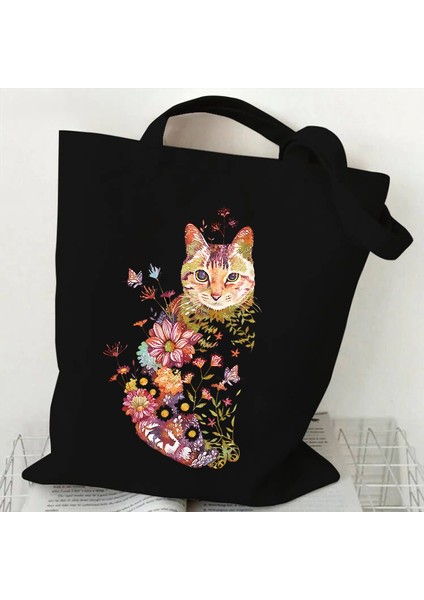 Kedi ve Çiçek Baskı Omuz Çantası Kadınlar Için Retro Estetik Yavru Tasarım Tote Çanta Genç Kız Alışveriş Çantası Kadın Tote Çanta (Yurt Dışından)