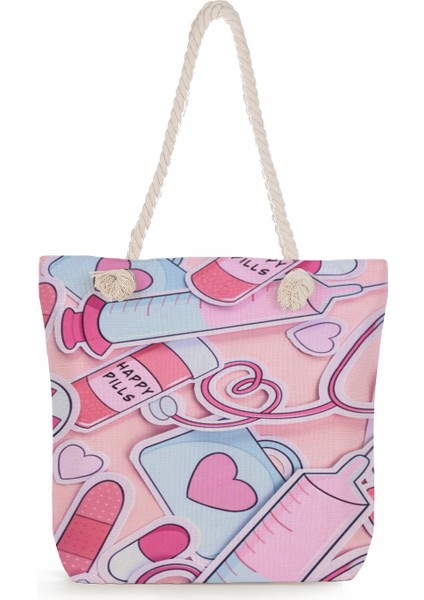 Karikatür Bayan Hemşire Baskı Çanta Rahat Yüksek Kapasiteli Bayan Çantası Çanta Eko Yeniden Kullanılabilir Alışveriş Çantası Açık Seyahat Plaj Çantası (Yurt Dışından)