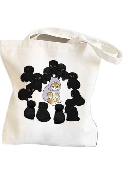 Bisiklete Binen Kedi, Sevimli ve Sevimli Baskılı Kanvas Çanta, Omuz Çantası, Öğrenci Çantası, Alışveriş Çantası (Yurt Dışından)