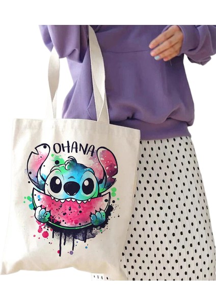 Y2K Disney Dikişli Tote Shopper Kanvas Çanta Eko Lilo ve Dikiş Alışveriş Çantası Kadın Tote Harajuku Kadın (Yurt Dışından)