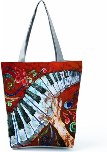 Yeni Müzik Sembolü Baskılı Omuz Çantası, Modaya Uygun Piyano Anahtarlı Debriyaj, Taşınabilir Büyük Kapasiteli Tote Çanta (Yurt Dışından)
