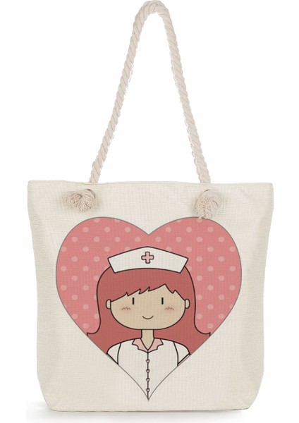 Karikatür Bayan Hemşire Baskı Çanta Rahat Yüksek Kapasiteli Bayan Çantası Çanta Eko Yeniden Kullanılabilir Alışveriş Çantası Açık Seyahat Plaj Çantası (Yurt Dışından)