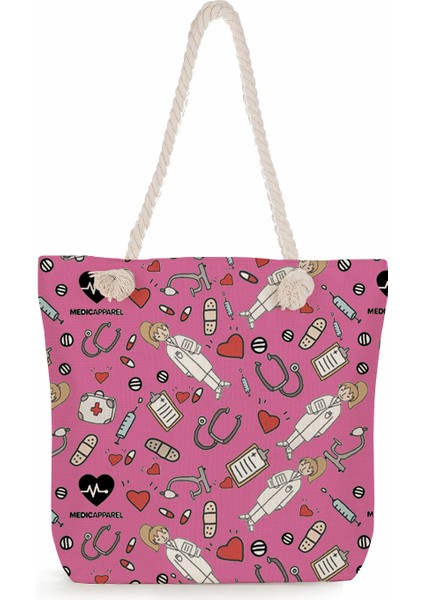 Karikatür Bayan Hemşire Baskı Çanta Rahat Yüksek Kapasiteli Bayan Çantası Çanta Eko Yeniden Kullanılabilir Alışveriş Çantası Açık Seyahat Plaj Çantası (Yurt Dışından)