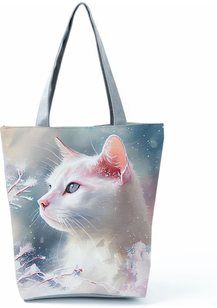 Sevimli Suluboya Kedi Baskı Çanta Büyük Kapasiteli Gündelik Kadın Çanta Güzel Karikatür Alışveriş Çantası Katlanabilir Seyahat Plaj Çantası (Yurt Dışından)