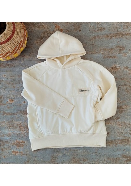 Ekru Renk, Kapüşonlu, Cepli, Şardonlu, Çocuk Sweatshirt