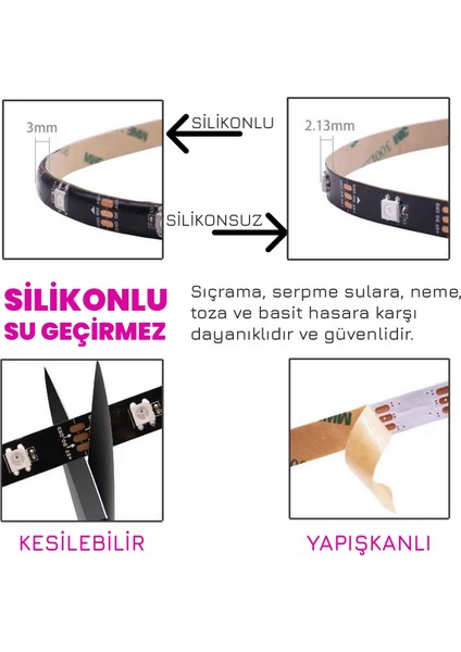 Rgb Şerit LED 5 Metre Silikonlu Su Geçirmez Kesilebilir Bluetoothlu Müziğe Duyarlı Kumandalı fiyatları