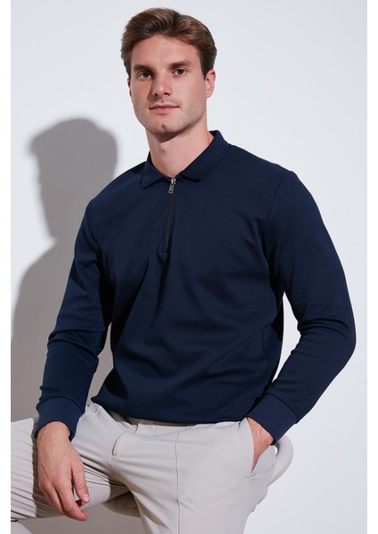 Pamuklu Regular Fit Yarım Fermuarlı Polo Yaka Sweat Erkek Sweat 5905789