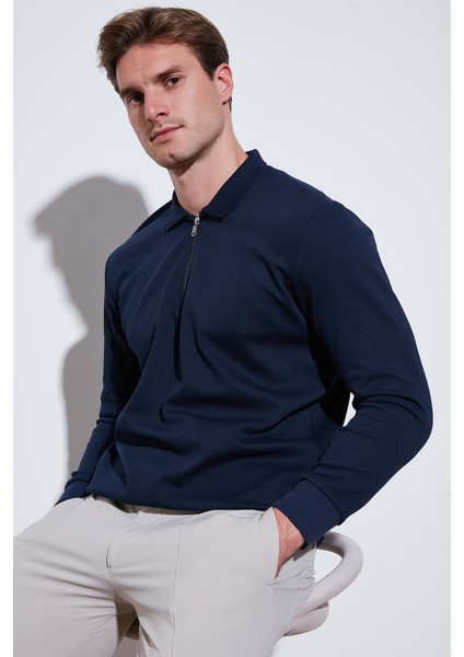Pamuklu Regular Fit Yarım Fermuarlı Polo Yaka Sweat Erkek Sweat 5905789