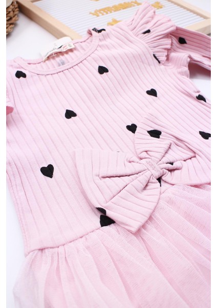 Pembe Renk Kalp Motifli Tütülü Kız Çocuk Elbisesi modelleri