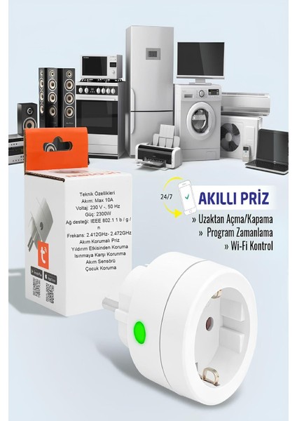 Akıllı Priz Uzaktan Kontrol Wifi, Anlık Enerji Tüketim Takip, Zamanlayıcı Tuya Destekli Priz 10 A