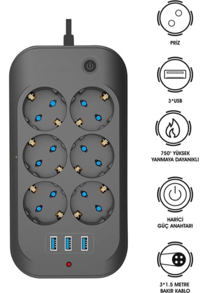 6'lı Akım Korumalı Uzatma Kablolu Priz 3xusb Isıya Dayanaklı Priz 2500 Watt