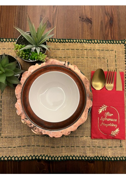 Gold Yaldızlı Kırmızı Iftar Soframıza Hoşgeldiniz Cepli Peçete 12 Adet 40X40