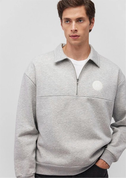 Mavı M0S10256-80196 Acık Grı Melanj Erkek Oversıze Yarım Fermuarlı Modellı Sweatshırt