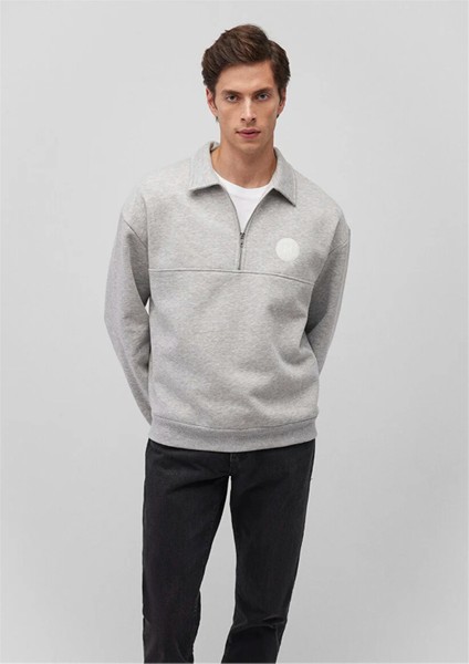 Mavı M0S10256-80196 Acık Grı Melanj Erkek Oversıze Yarım Fermuarlı Modellı Sweatshırt fiyatları