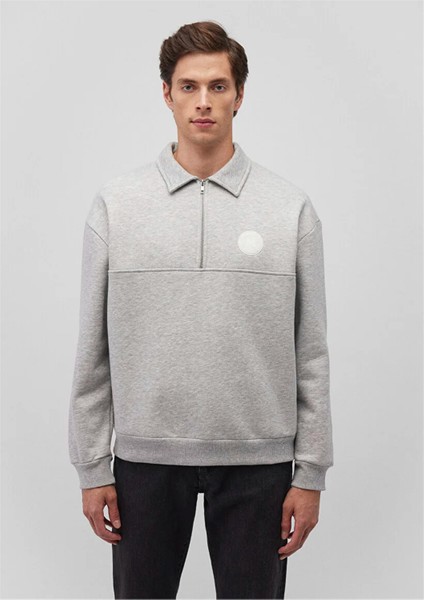 Mavı M0S10256-80196 Acık Grı Melanj Erkek Oversıze Yarım Fermuarlı Modellı Sweatshırt modelleri