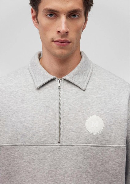 Mavı M0S10256-80196 Acık Grı Melanj Erkek Oversıze Yarım Fermuarlı Modellı Sweatshırt indirimleri