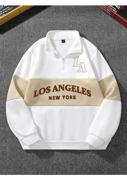 Unisex Bej Los Angeles Baskılı Oversize Parçalı Polo Yaka Fermuarlı Sweatshirt