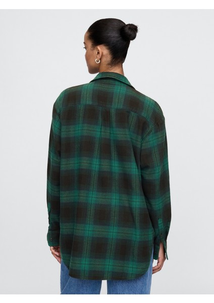 Kadın Koyu Yeşil Ekose Desenli Flannel Big Gömlek
