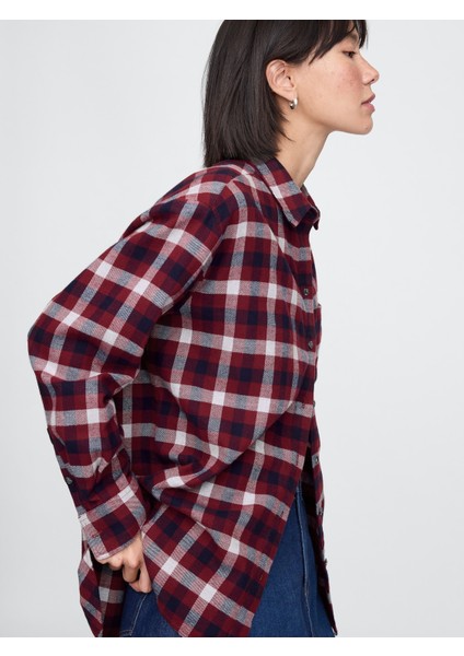 Kadın Bordo Ekose Desenli Flannel Big Gömlek