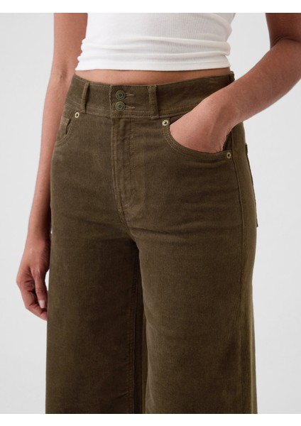 Kadın Kahverengi High Rise Kadife Stride Wide-Leg Jean Pantolon fiyatları