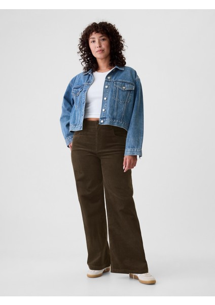 Kadın Kahverengi High Rise Kadife Stride Wide-Leg Jean Pantolon indirimleri