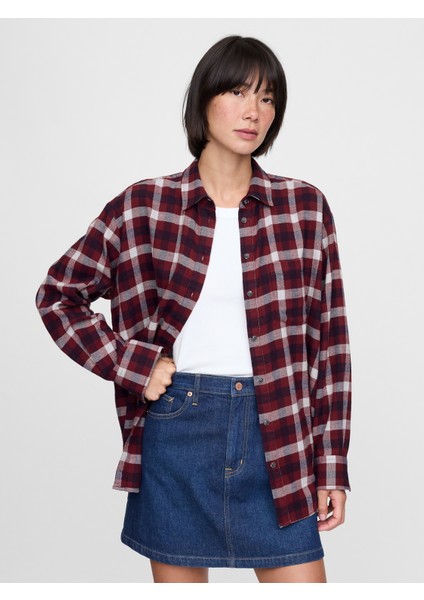 Kadın Bordo Ekose Desenli Flannel Big Gömlek