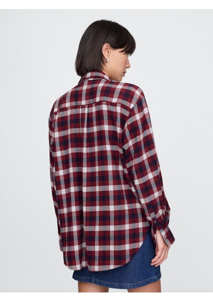 Kadın Bordo Ekose Desenli Flannel Big Gömlek indirimleri